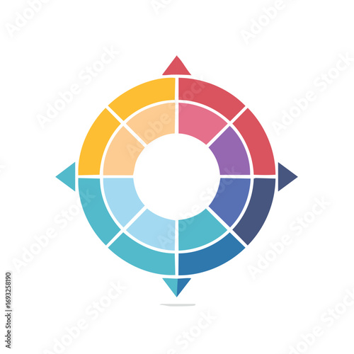 Colorful abstract diagram with compass elements, circular chart in modern geometric style.