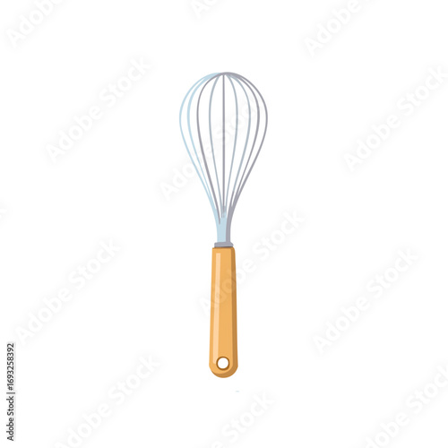 Metal kitchen whisk with a light brown wooden handle a common baking and cooking utensil