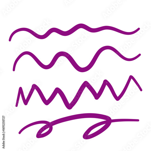 Set of purple hand-drawn marker lines. Includes wavy, zigzag, and decorative underline strokes. Perfect for highlighting, note design, text emphasis, or creative decoration in presentations.