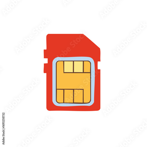 Simple illustrative red SIM card with yellow contact plate and blue outline
