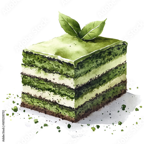 Matcha Cake, watercolor clipart vector, isolated on a white background.