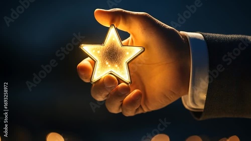 Hand Holding Illuminated Gold Star Award in Dark Environment with Focus on Symbolic Recognition