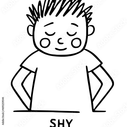 Shy Cartoon Boy Line Art Illustration Isolated
