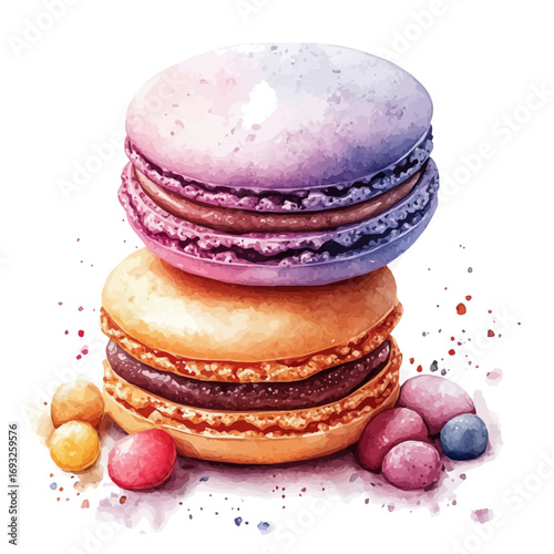 Macarons, watercolor illustration vector, isolated on a white background.