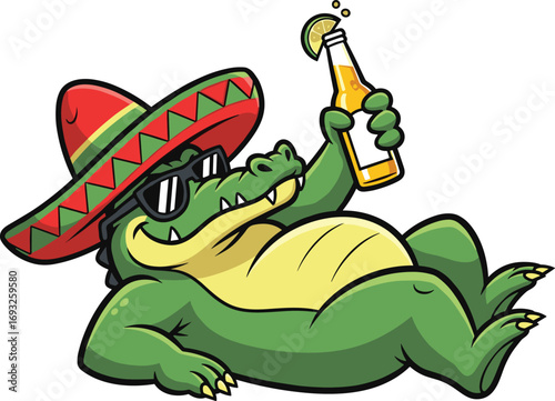Relaxed alligator wearing red sombrero and sunglasses, holding beverage bottle with lime, festive cartoon vector art, playful tropical celebration illustration, humorous leisure design
