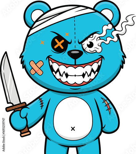 Cartoon blue bear, fierce expression, battle wounds, holding knife, scary teddy, stitched details, aggressive mascot, dangerous cute, vector clipart, horror character illustration