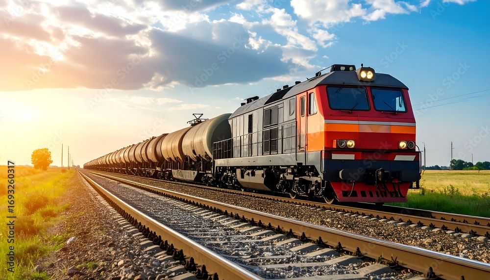 Fototapeta premium Freight Train on Tracks at Sunset