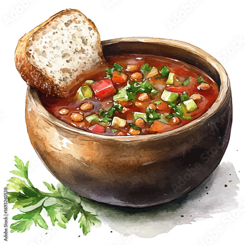 Lentil Soup, watercolor painting vector, isolated on a white background.