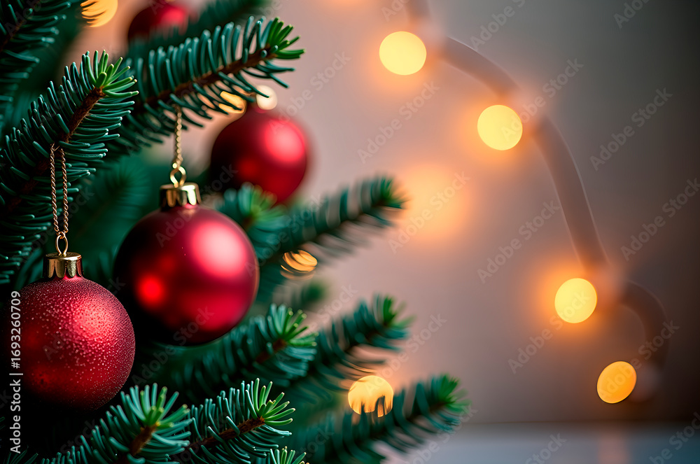 Festive Christmas Tree Decorated with Red Ornaments and Warm Str Festive Christmas Tree Decorated with Red Ornaments and Warm Str