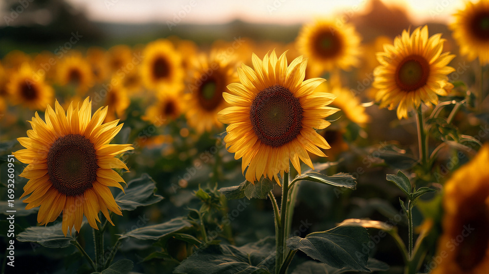 Obraz premium A field of radiant yellow sunflowers bathed in warm sunlight during an autumn sunset, symbolizing nature's beauty and harvest season