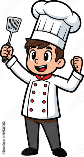 Smiling cartoon chef character, wearing white hat and coat with red buttons, holding spatula, professional cooking vector art, playful culinary illustration, kitchen design