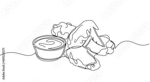 Line art of chicken wings with dipping sauce in monoline style  