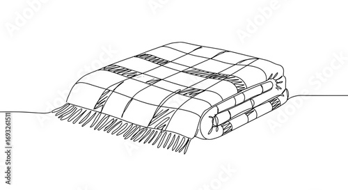 Plaid blanket draped casually with fringes in monoline style, transparent background  