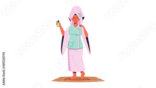 Cartoon woman with short brown hair wearing a black charcoal facial mask for skincare and beauty treatments on a white background
