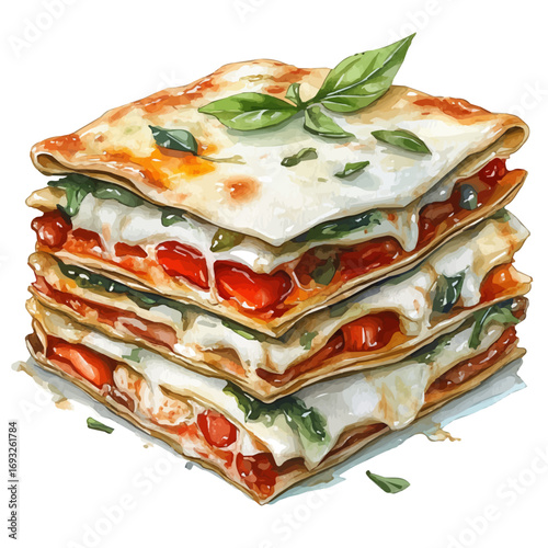 watercolor of Lasagna, vector, isolated on a white background.