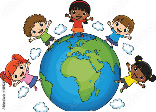 Cartoon children around globe, diverse happy kids illustration, global unity friendship concept, world peace vector art, cad drawing flat vector illustration
