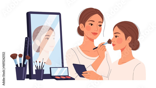 Young woman with a white facial mask applied to her skin looking in a handheld mirror in a spa or home beauty routine