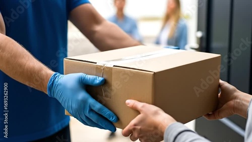 Delivery person in blue uniform and gloves handing a cardboard package to a customer at the door, with a couple in the background