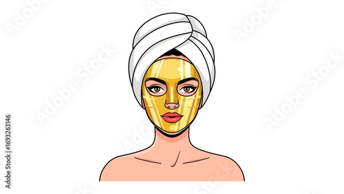 Woman with black charcoal face mask and white towel on head applying mask with brush for skincare routine and beauty treatment