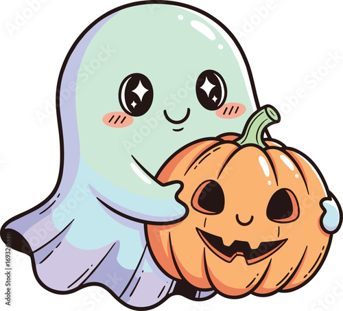 Cartoon cute ghost holding smiling pumpkin, friendly Halloween character illustration, festive holiday design concept, spooky yet adorable vector art, cad drawing flat vector illustration