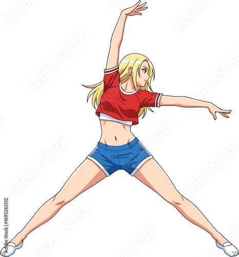 Cartoon blonde girl stretching, athletic dance pose illustration, fitness exercise character, sports activity vector art, cad drawing flat vector illustration