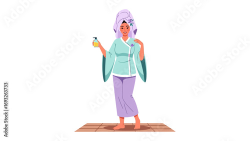 A cheerful blonde female hairstylist holding professional scissors and a hairdryer wearing an apron and tools belt ready to style hair