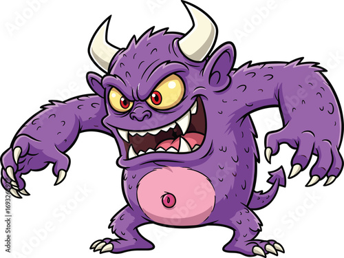 Cartoon purple monster character, scary fantasy creature illustration, horned beast design, aggressive expression vector art, cad drawing flat vector illustration