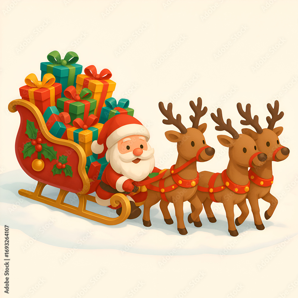 Fototapeta premium Iconic reindeer with sleigh full of presents, red festive background