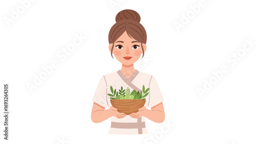 Young female healthcare professional wearing a white coat and green scrub top holding a small potted plant with green leaves in her hands