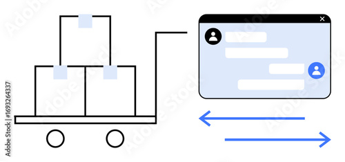 Delivery cart with stacked packages, user chat interface for updates, arrows indicating interaction. Ideal for logistics, e-commerce, communication, tracking, collaboration, customer support simple