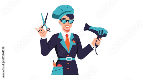 Stylish woman with dark wavy hair holding hair styling tool looking at camera with makeup and elegant expression