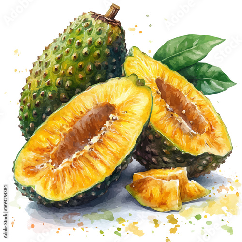 watercolor of Jackfruit, vector, isolated on a white background.