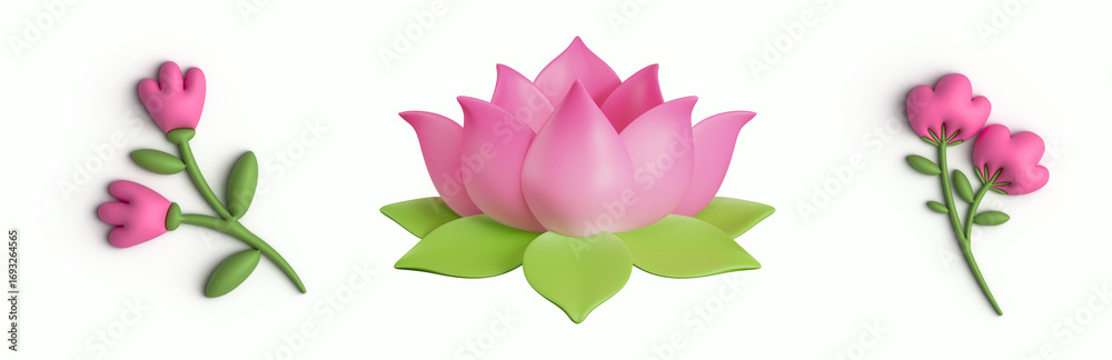 Fototapeta premium 3D Lotus Flower and Pink Flower Set – Realistic Floral Illustrations for Invitations, Decor, and Creative Projects - 1