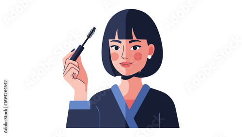 Charming kawaii style cartoon woman holding nail polish bottles and brushes ready for manicure service