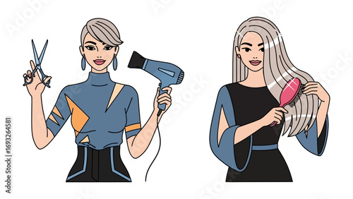 Charming cartoon illustration of a young woman with stylish brown hair applying red lipstick with a playful expression and rosy cheeks