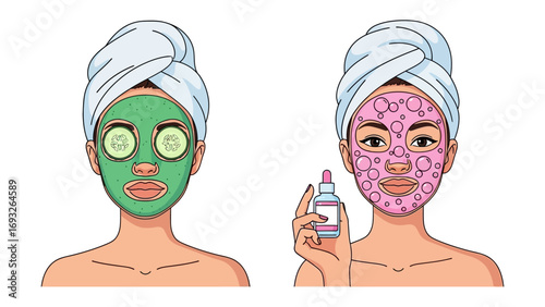 Two young women in towels applying skincare products and facial masks for a relaxing beauty routine at home