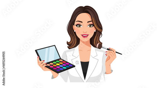 Young woman with brown hair in a ponytail holding a colorful eyeshadow palette and a makeup brush ready for application