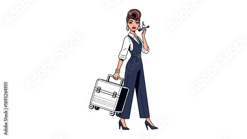Stylish young woman in a dark blue jumpsuit with a belt walking and pulling a pink rolling suitcase and makeup artist case on a white background