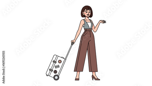 A cheerful female hairdresser with a stylish updo hairstyle holding professional scissors and a hairdryer ready for a client in a salon