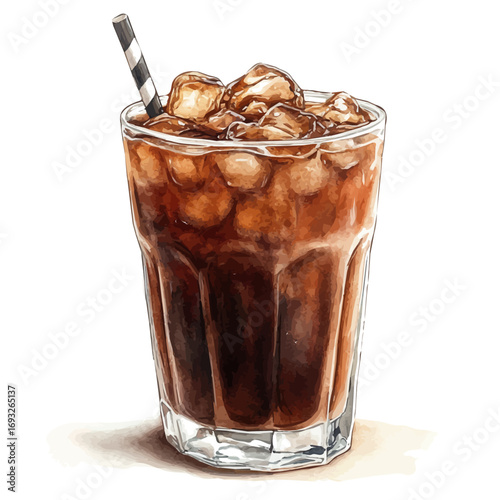 Iced Coffee, watercolor illustration vector, isolated on a white background.