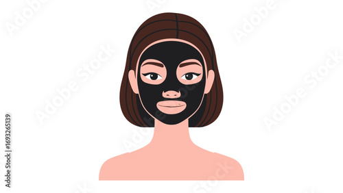 Stylized illustration of a young woman with dark brown hair wearing a black charcoal facial mask for skincare and beauty treatments