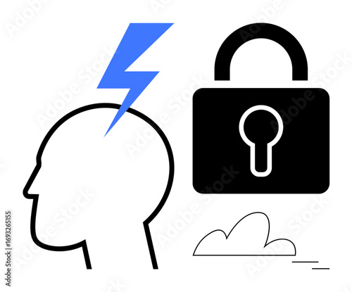 Silhouette head with electric bolt striking, secure lock symbol, and minimal cloud. Ideal for innovation, cybersecurity, privacy, creativity, protection mental clarity intellectual property. Simple