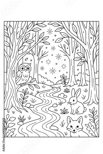 Forest Animals by Stream Coloring Page