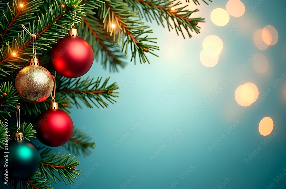 Festive Christmas Tree Branch with Ornaments and Warm Bokeh Ligh Festive Christmas Tree Branch with Ornaments and Warm Bokeh Ligh