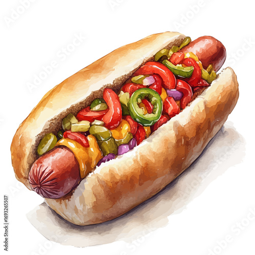 Hot Dog, watercolor painting vector, isolated on a white background.