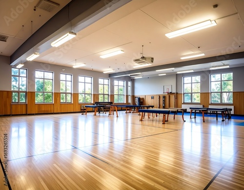 Spacious multi-purpose room with wood floor