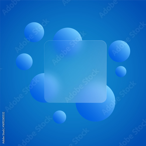 glassmorphism background banner with transparent glass frame template . Realistic Frosted glass morphism effect with blurred abstract gradient blue circle shapes. Vector illustration	
