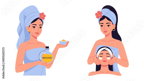 Two diverse women enjoying relaxing skincare routines with facial masks and serum bottles for beauty and self care