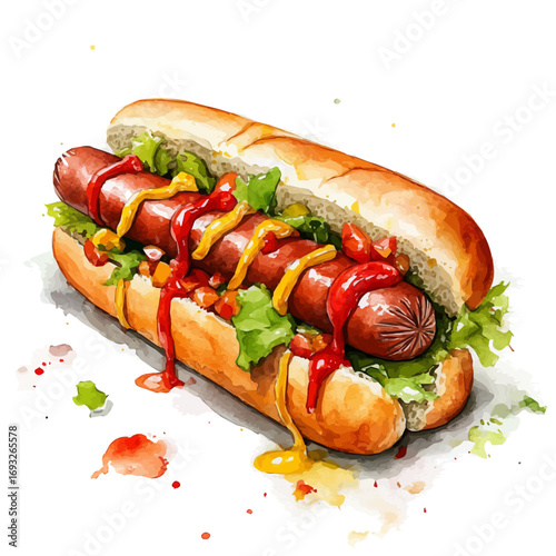 Hot Dog, watercolor clipart vector, isolated on a white background.