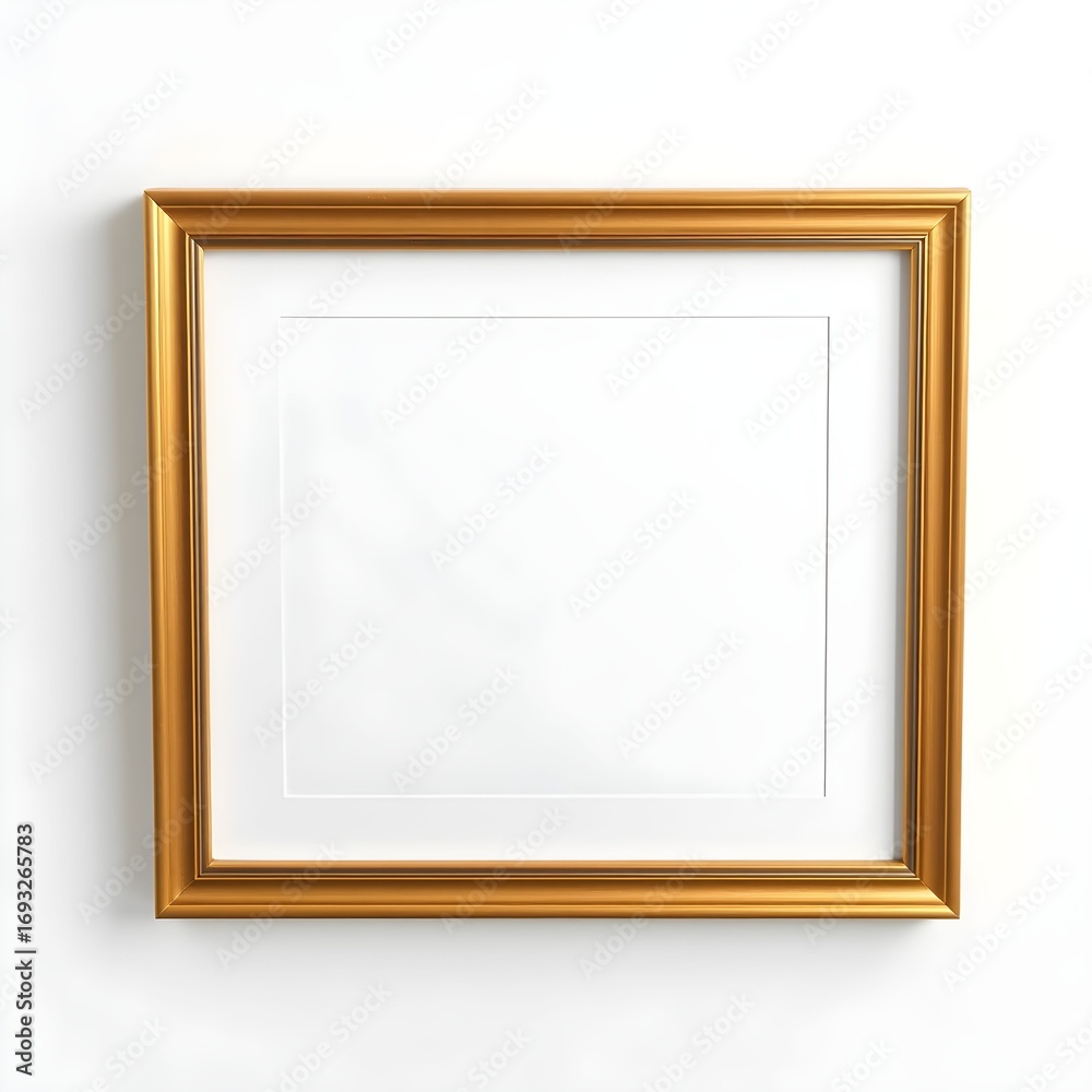Fototapeta premium A simple, elegant gold picture frame with a white mat, displayed against a plain white background.